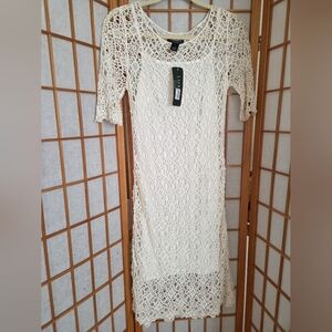 NWT RALPH LAUREN KNEE LENGTH WINTER WHITE CROCHETED COTTON SHORT SLEEVES DRESS S
